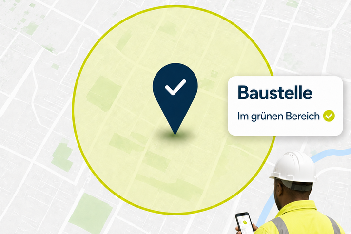Kartenansicht mit markiertem Geofence-Bereich und Standort-Pin; daneben steht „Baustelle – Im grünen Bereich“, unten rechts prüft ein Bauarbeiter mit Helm und Warnweste sein Smartphone.