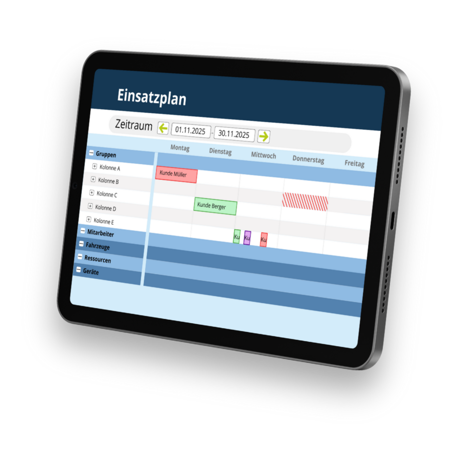 Digitaler Einsatzplan mit Wochenübersicht für Mitarbeiter, Fahrzeuge und Ressourcen
