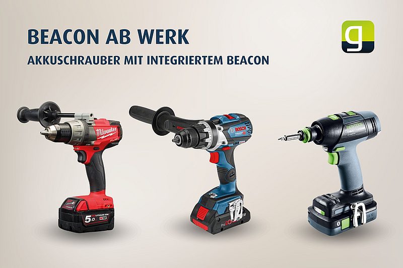 Grafik mit drei Akkuschraubern unterschiedlicher Hersteller, beworben als Modelle mit integriertem Beacon