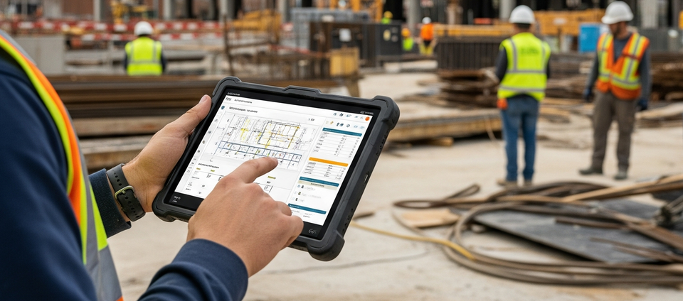 Bauleiter nutzt Tablet auf einer Baustelle zur digitalen Planung, Dokumentation und Koordination von Bauprojekten.