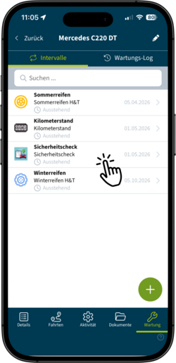 Ansicht der Wartungshistorie eines Fahrzeugs in der geoCapture-App