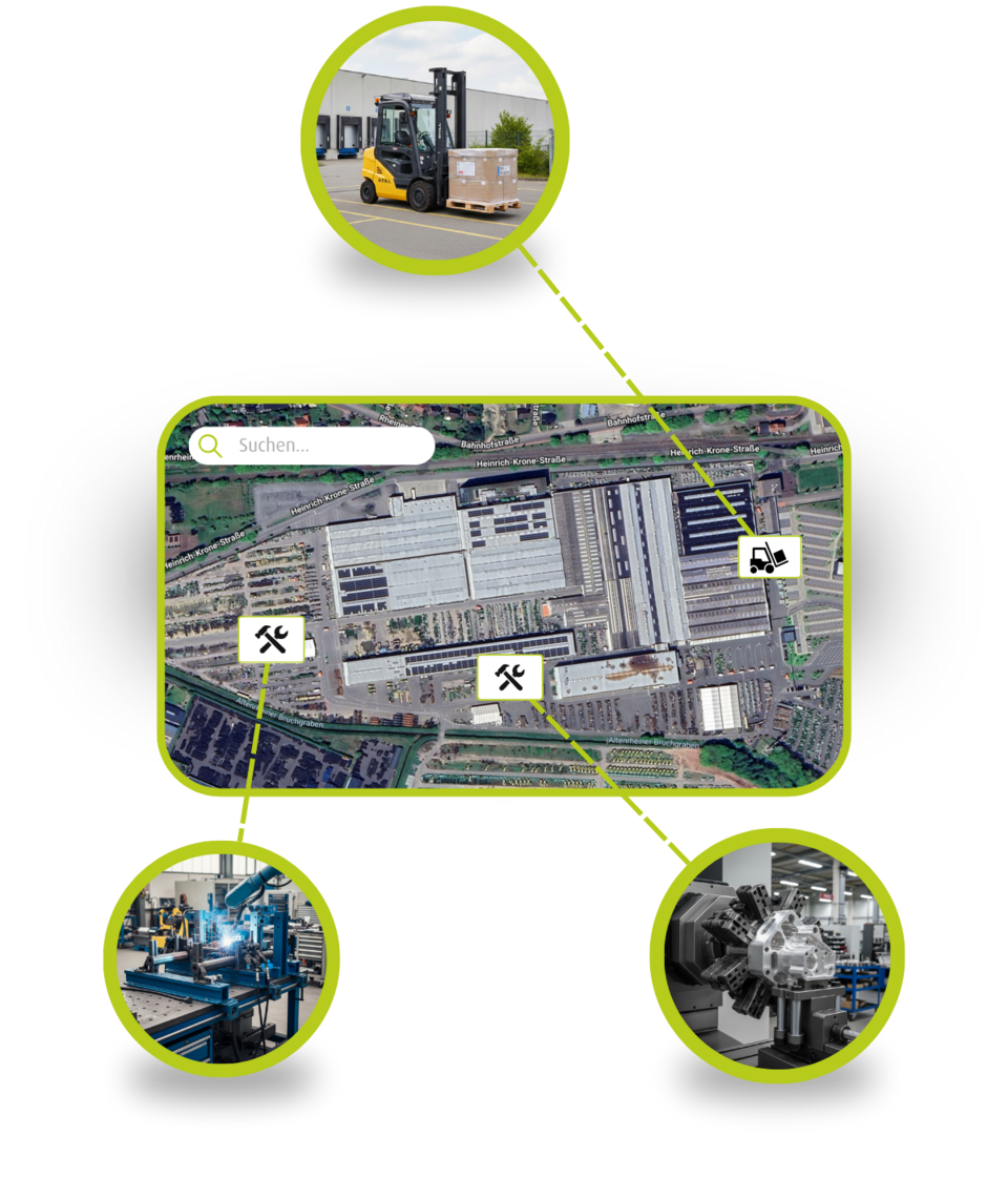 Digitale Standortübersicht eines Industrieareals mit Maschinen, Logistik und Intralogistik in Echtzeit