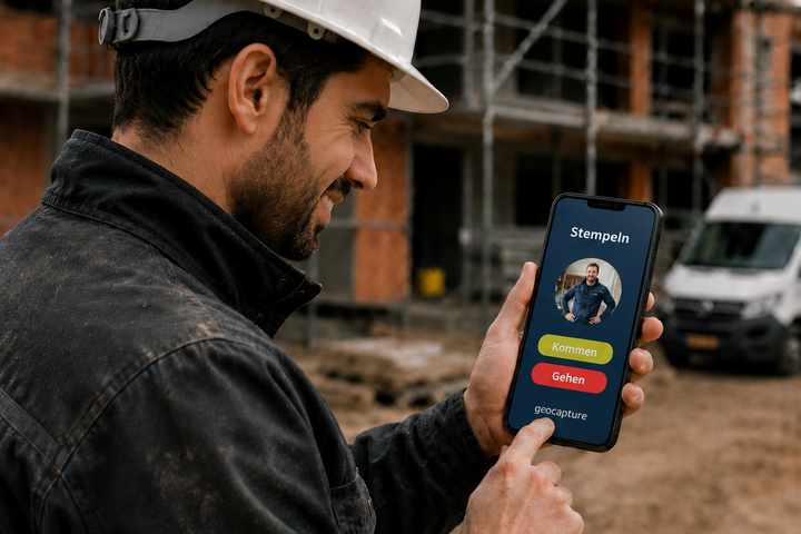 Ein Bauarbeiter mit Helm steht auf einer Baustelle und tippt auf einem Smartphone in der geoCapture-Stempeluhr-App auf „Gehen“.