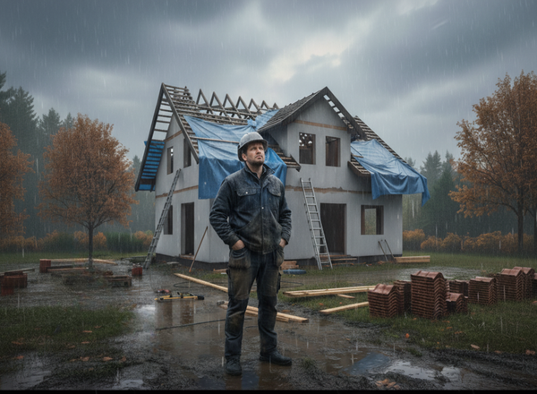 Bauarbeiter vor Rohbau eines Einfamilienhauses bei Regen, Hausbau im Herbst auf Baustelle