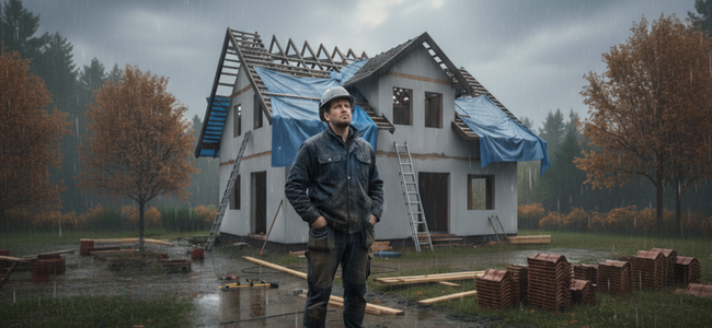 Bauarbeiter vor Rohbau eines Einfamilienhauses bei Regen, Hausbau im Herbst auf Baustelle