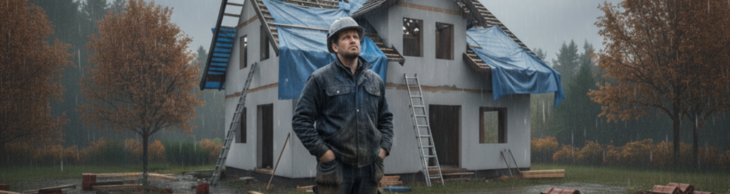 Bauarbeiter vor Rohbau eines Einfamilienhauses bei Regen, Hausbau im Herbst auf Baustelle