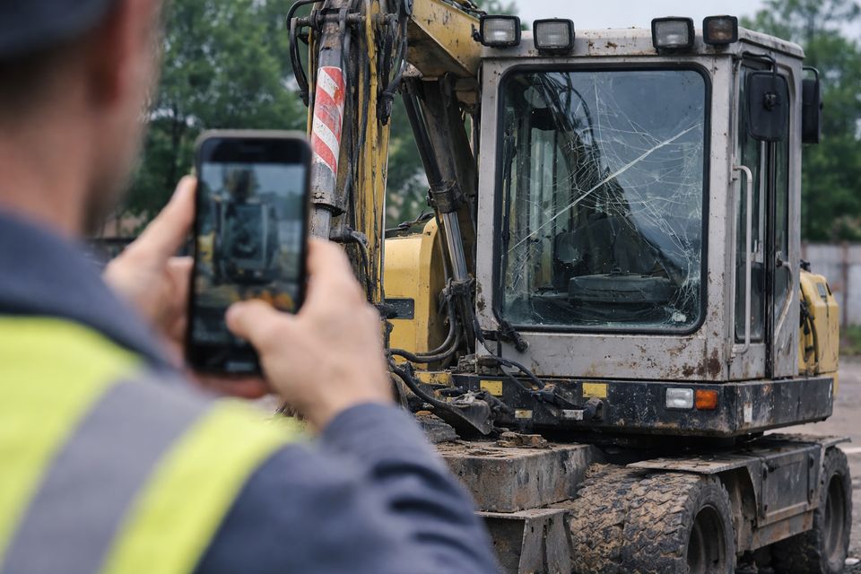 Mitarbeiter macht Foto vom Schaden am Bagger