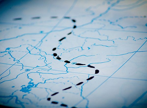 Ausschnitt einer Landkarte mit eingezeichneter Route