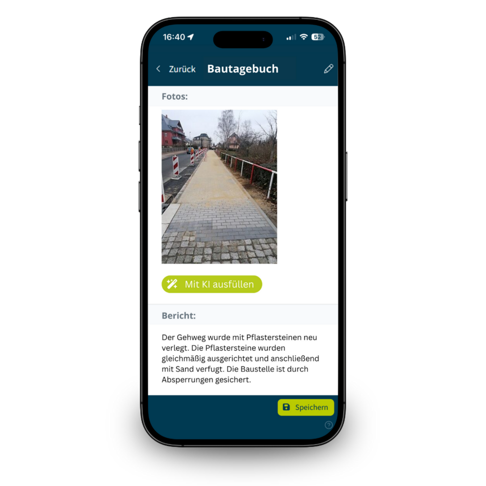 Mobile App für digitales Bautagebuch mit Baustellenfoto und KI-gestützter Berichtserstellung