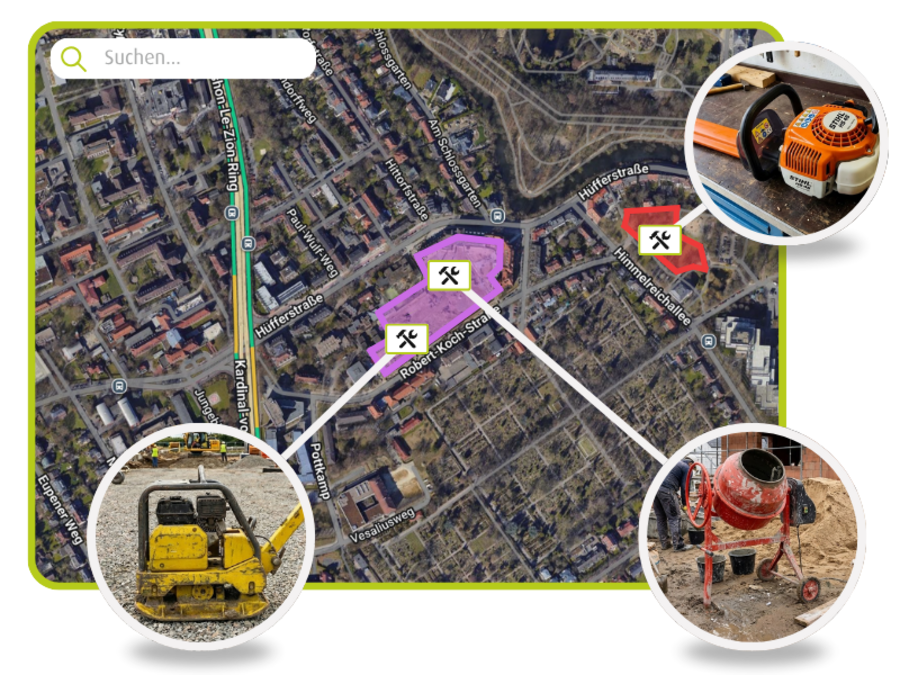 Mockup der Werkzeugortung von geoCapture, um Standorte von Geräte und Werkzeug auf einer digitalen Karte zu sehen