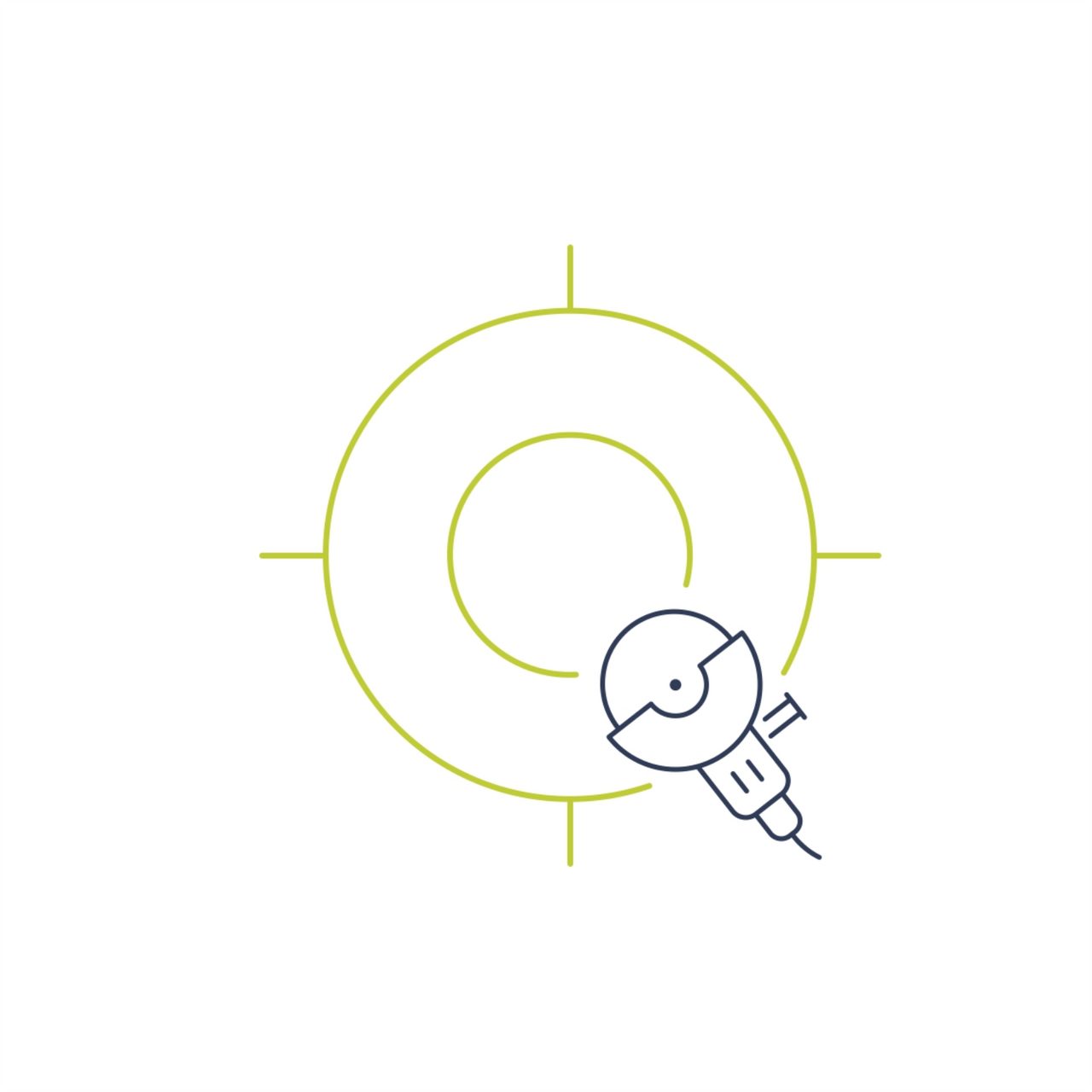 Icon mit Zielscheibe und Werkzeug (Trennschleifer), symbolisiert präzises Arbeiten oder zielgerichteten Einsatz.