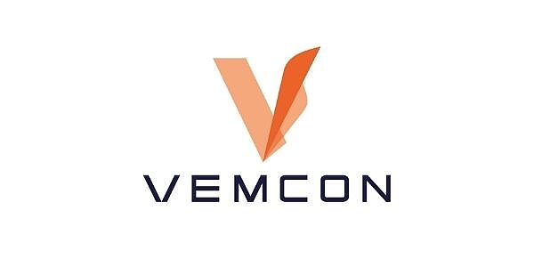 VEMCON Logo mit stilisiertem V-Symbol als Marke für digitale Lösungen und Vernetzung von Baumaschinen.