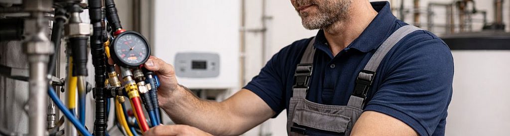 Mann mittleren Alters misst mit Manometer 