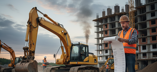 Bauleiter auf Baustelle prüft digitale Dokumentation und Arbeitsnachweise zwischen Baumaschinen