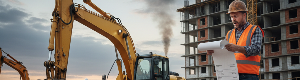 Bauleiter auf Baustelle prüft digitale Dokumentation und Arbeitsnachweise zwischen Baumaschinen
