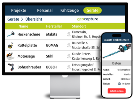 geoCapture Geräteübersicht mit Hersteller, Standort und mobiler Geräteverwaltung auf Smartphone