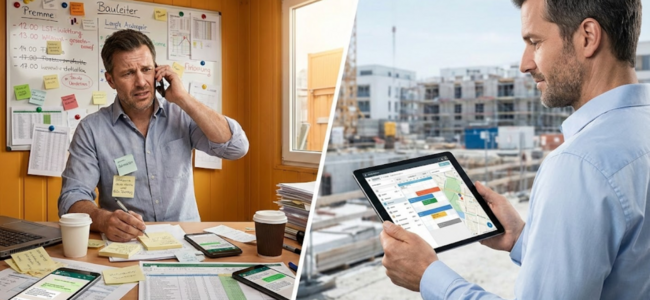 Digitale Baustellenorganisation: Bauleiter wechselt von Papierchaos im Büro zur mobilen Einsatzplanung auf der Baustelle