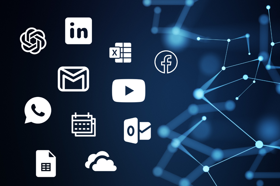 Darstellung verschiedener digitaler Plattformen wie LinkedIn, Gmail, Excel, Facebook, WhatsApp und YouTube vor einem abstrakten Netzwerkhintergrund – Symbolbild für die nahtlose Integration externer Anwendungen über geoCapture-Zapier-Schnittstellen.