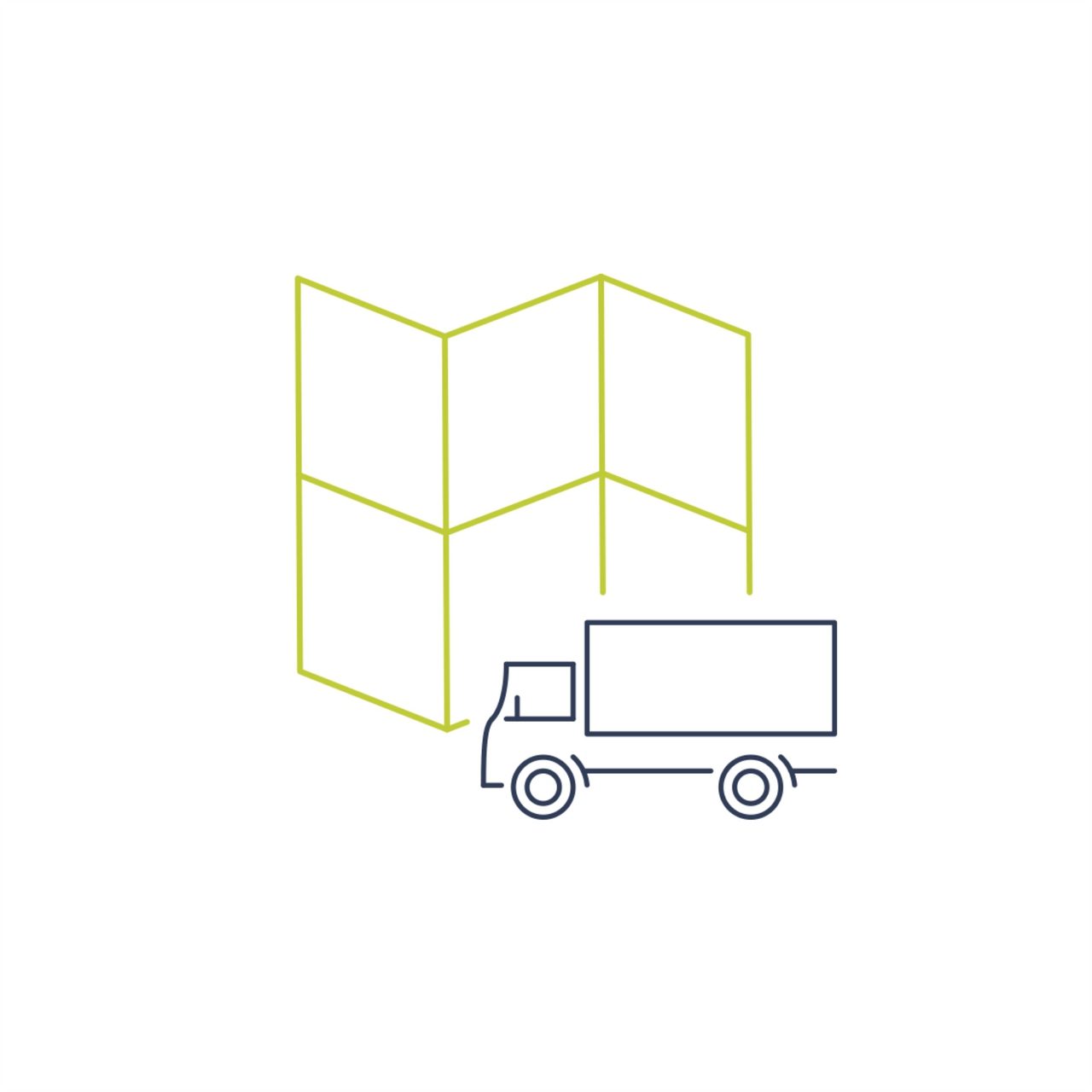 Icon mit stilisierter Karte und LKW, symbolisiert Navigation, Einsatzplanung oder Fahrzeugrouten.