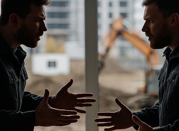 Zwei Männer in Arbeitsklamotten haben eine Auseinandersetzung miteinander