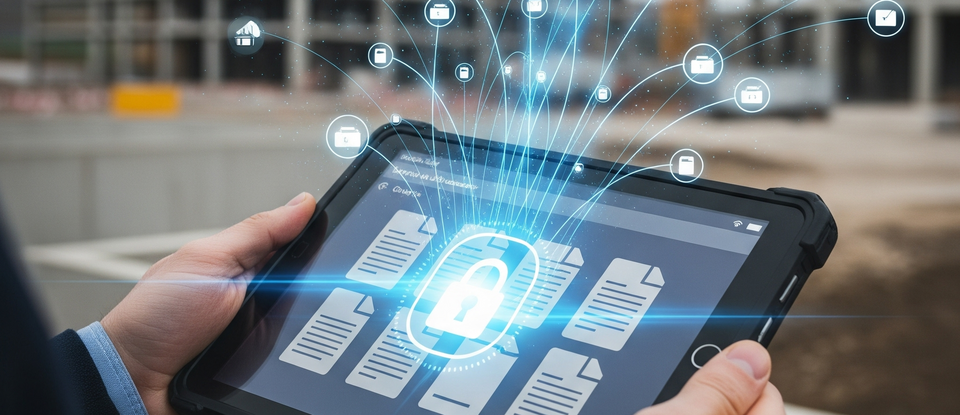 Person hält ein Tablet mit Symbolen für Cloud-Datensicherheit; über dem Bildschirm erscheinen digitale Verbindungen zu einer Cloud, im Hintergrund ist eine Baustelle mit Kränen zu sehen