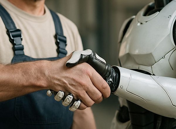 Ein Mensch in Arbeitskleidung schüttelt die Hand eines Roboters