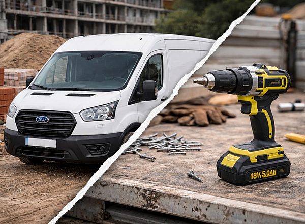 Weißer Transporter und schwarzer Akkuschrauber mit gelben Aplikationen