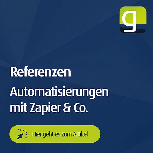 Grafik mit Text „Referenzen – Automatisierungen mit Zapier & Co.“ und geoCapture-Logo