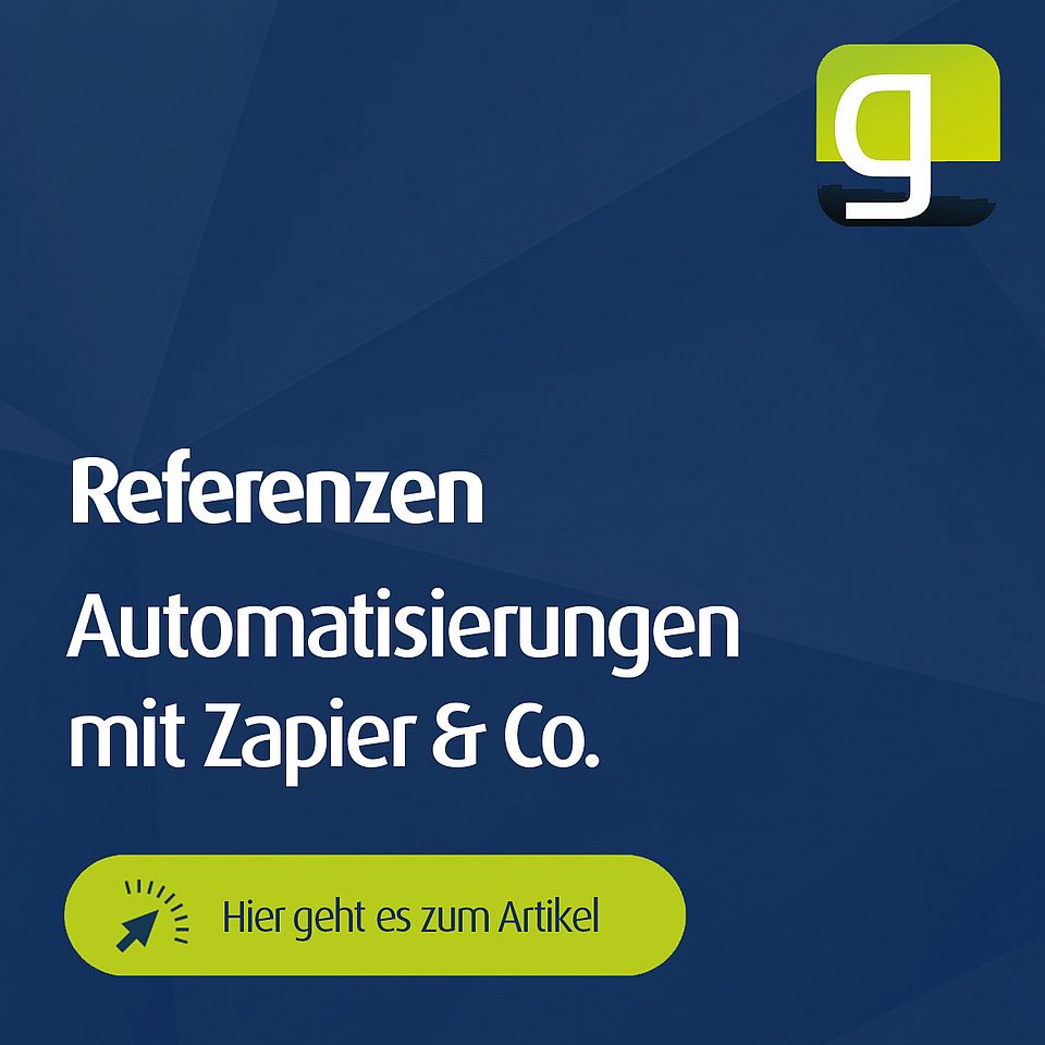 Grafik mit Text „Referenzen – Automatisierungen mit Zapier & Co.“ und geoCapture-Logo