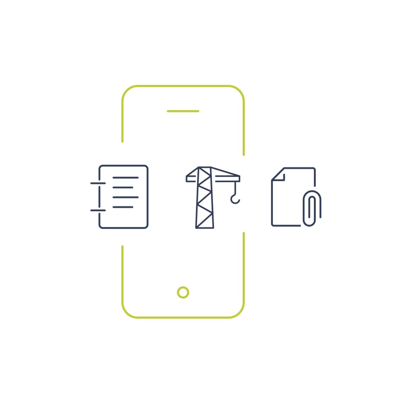 Symbolgrafik mit Smartphone, Kran, Dokumenten und Formularen – mobile Projektdokumentation und digitale Baudokumentation mit geoCapture.