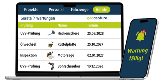 geoCapture Geräteverwaltung mit Wartungsübersicht und automatischen Erinnerungen