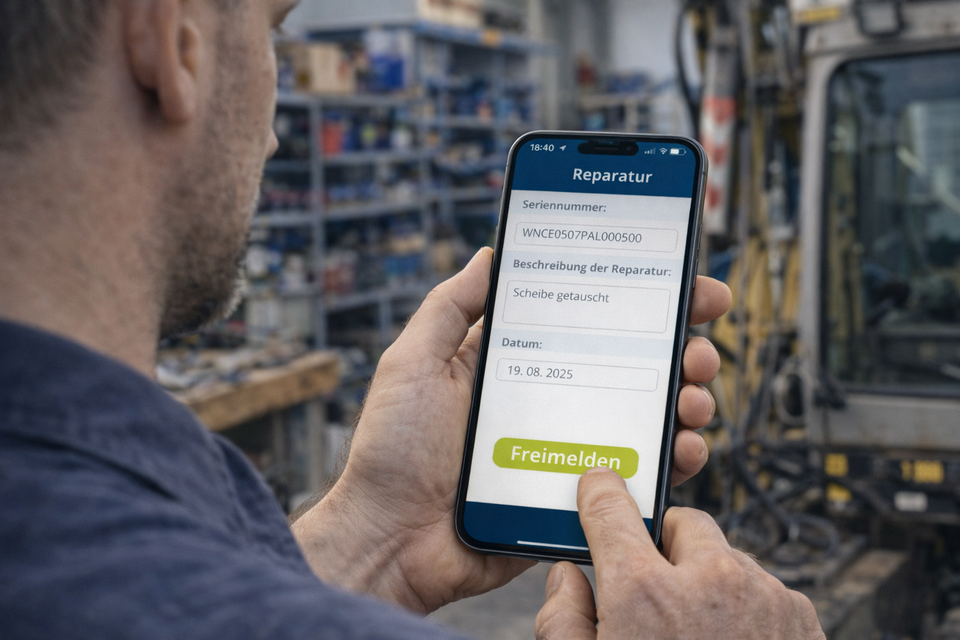 Werkstattmitarbeiter öffnet Schadensmeldung auf dem Handy