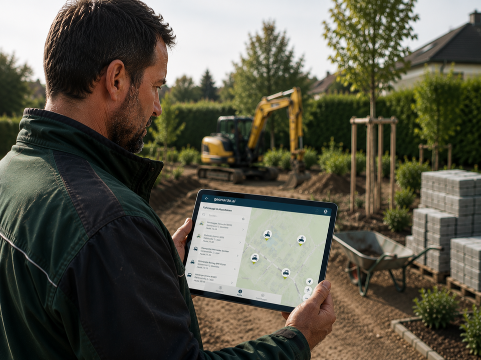 Mann in grünen Klamotten auf Baustelle hält Tablet in der Hand